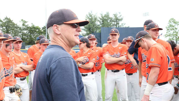 UVA head coach Brian O'Connor addresses his team before the Virginia baseball game against Pittsburgh at Disharoon Park.